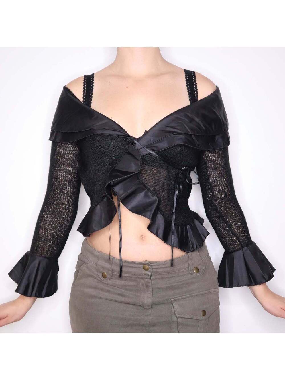 Y2K Italian Black Ruffle Mohair Wrap Top (XS)